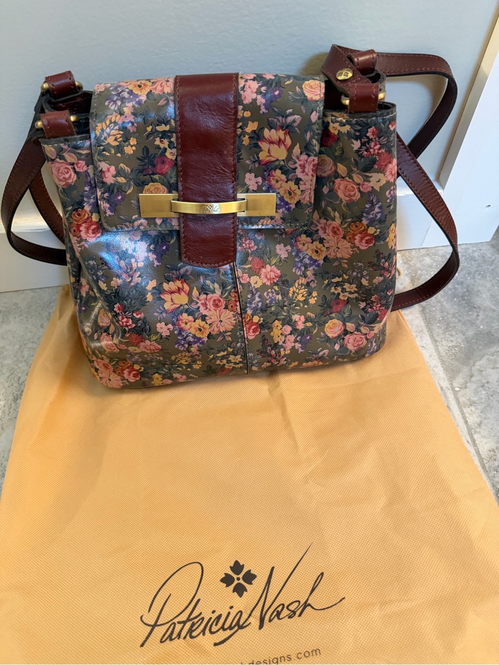 Patricia Nash Floral Leather Shoulder Bag in Burgundy and Multi-Color Print